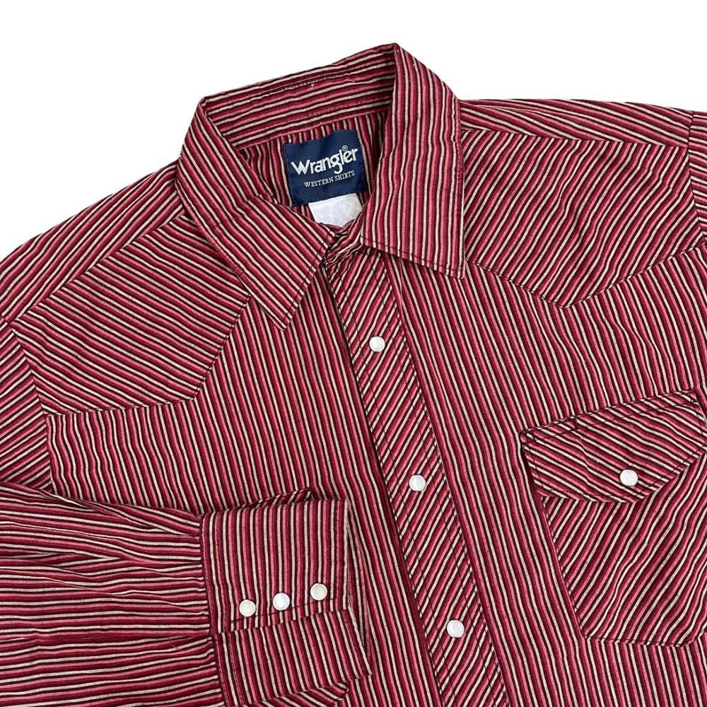 Vintage Wrangler Western Shirt Men's L Red Striped‎ Pearl Snap Patch Pocket 90s